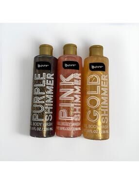 B Pure 3pk Shimmer Gel Body Wash Tangerine Berry Vanilla Scents Pink Purple Gold